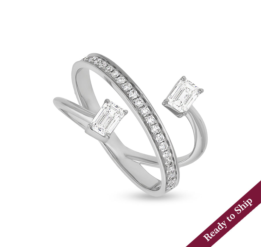 Double Emerald Cut With Channel Set Round Diamond White Gold Casual Ring