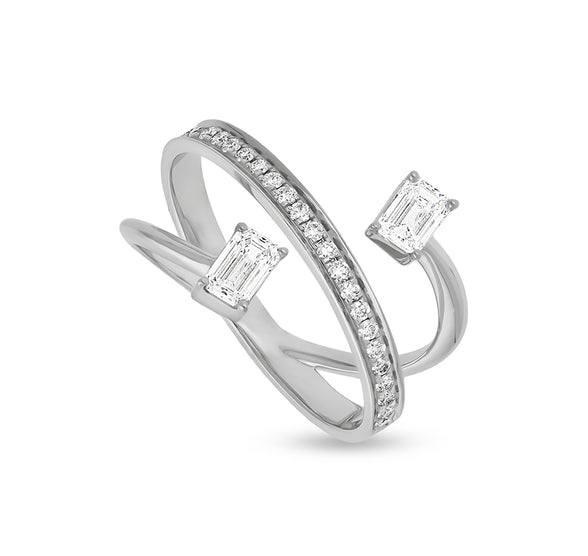 Double Emerald Cut With Channel Set Round Diamond White Gold Casual Ring