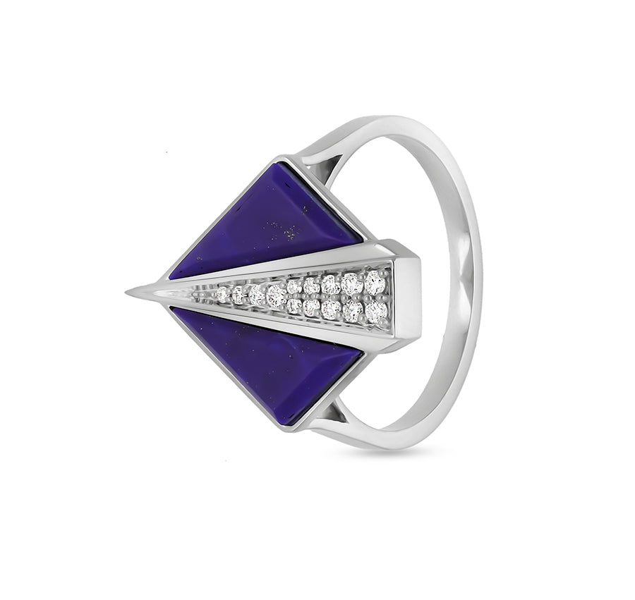 Rhombus Shape With Dark Blue Lapis Round Natural Diamond White Gold Casual Ring