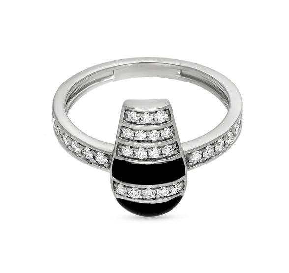 Black Enamel With Round Natural Diamond White Gold Casual Ring