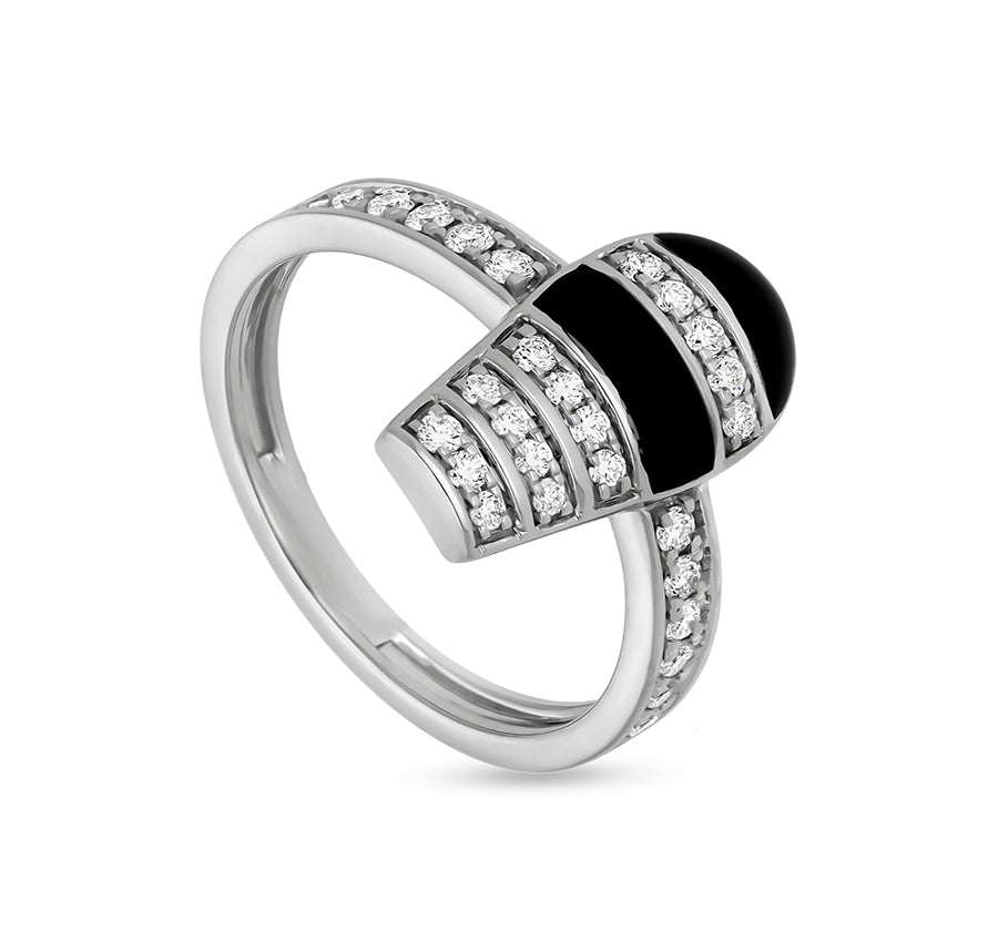 Black Enamel With Round Natural Diamond White Gold Casual Ring