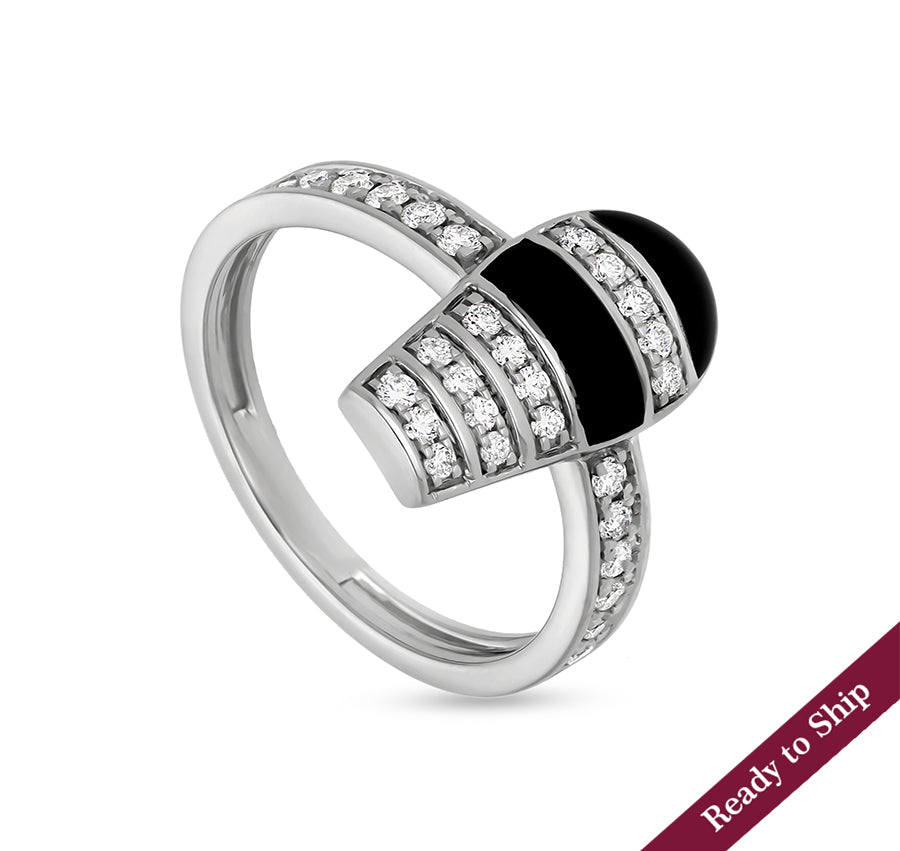 Black Enamel With Round Natural Diamond White Gold Casual Ring