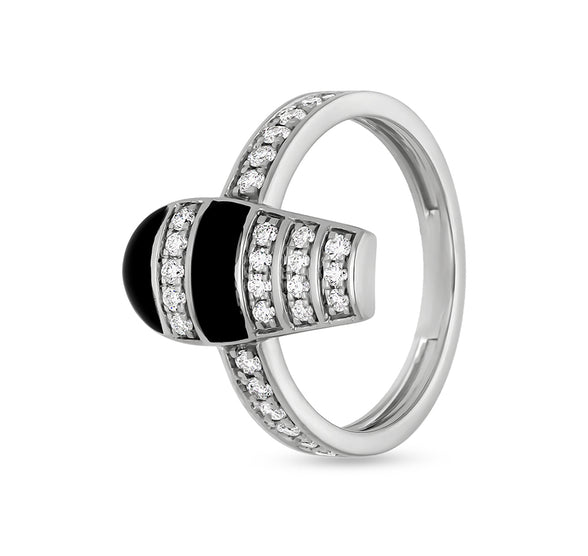 Black Enamel With Round Natural Diamond White Gold Casual Ring