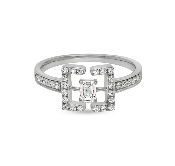 Square Brackets Shape With Emerald and Round Cut Diamond White Gold Casual Ring
