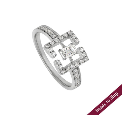 Square Brackets Shape With Emerald and Round Cut Diamond White Gold Casual Ring