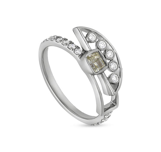 Cushion Shape and Round Natural Diamond With Bezel Setting White Gold Casual Ring