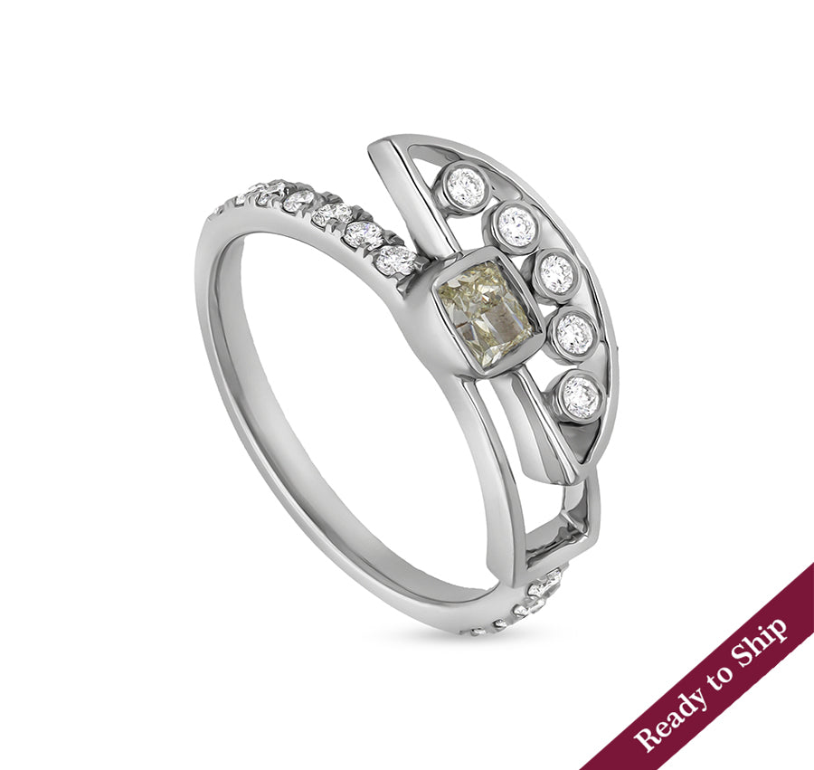 Cushion Shape and Round Natural Diamond With Bezel Setting White Gold Casual Ring