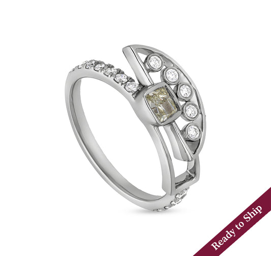 Cushion Shape and Round Natural Diamond With Bezel Setting White Gold Casual Ring