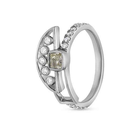 Cushion Shape and Round Natural Diamond With Bezel Setting White Gold Casual Ring