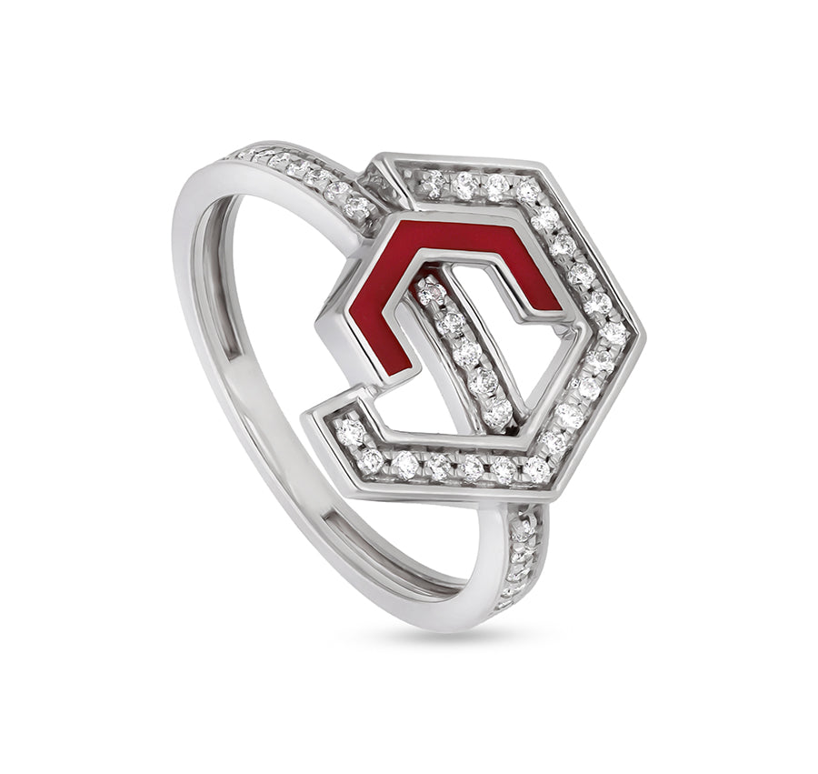 Hexagon Shape With Red Enamel Round Natural Diamond White Gold Casual Ring