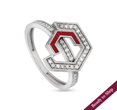 Hexagon Shape With Red Enamel Round Natural Diamond White Gold Casual Ring