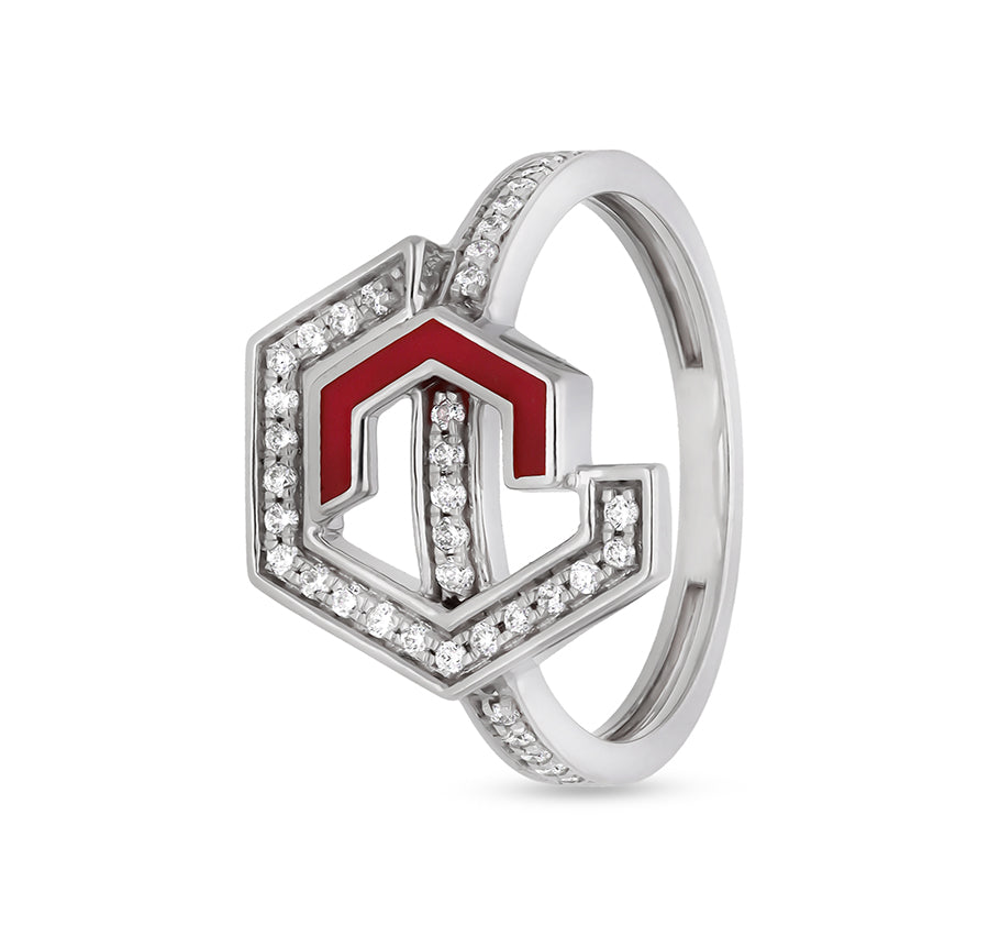 Hexagon Shape With Red Enamel Round Natural Diamond White Gold Casual Ring