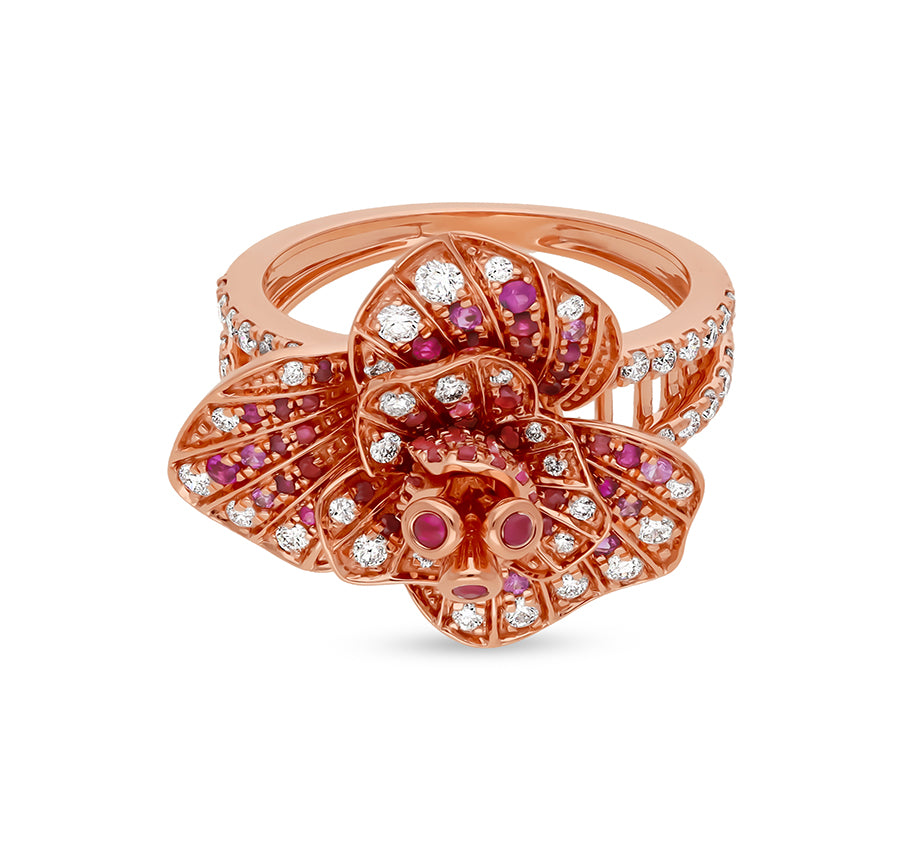 Blossom Flower Shape With Ruby Diamond Rose Gold Cocktail Ring