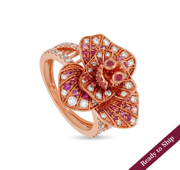 Blossom Flower Shape With Ruby Diamond Rose Gold Cocktail Ring