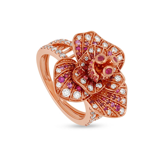 Blossom Flower Shape With Ruby Diamond Rose Gold Cocktail Ring