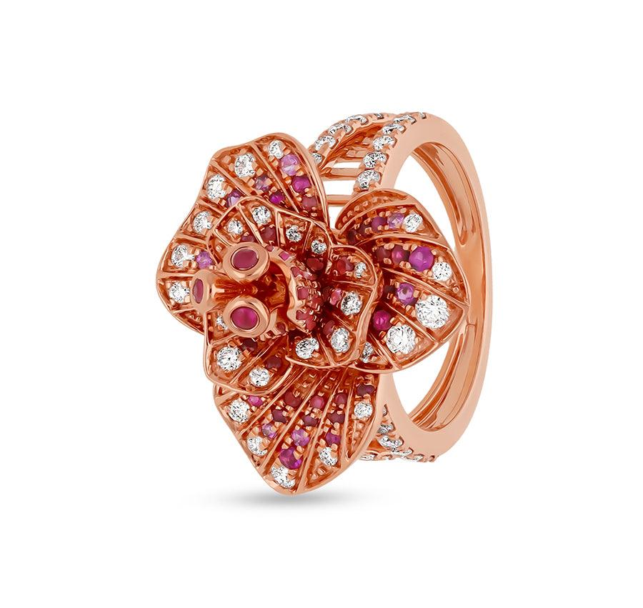 Blossom Flower Shape With Ruby Diamond Rose Gold Cocktail Ring