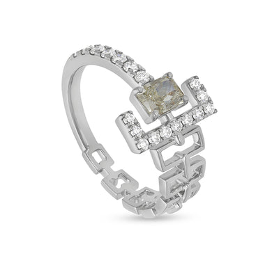 Round & Emerald Shape Diamond White Gold Half Chain Stylish Casual Ring