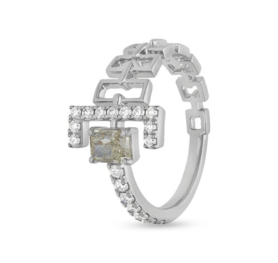 Round & Emerald Shape Diamond White Gold Half Chain Stylish Casual Ring