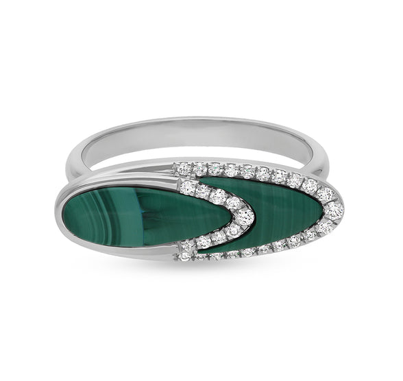 Oval Shape Green Malachite With Round Natural Diamond White Gold Casual Ring