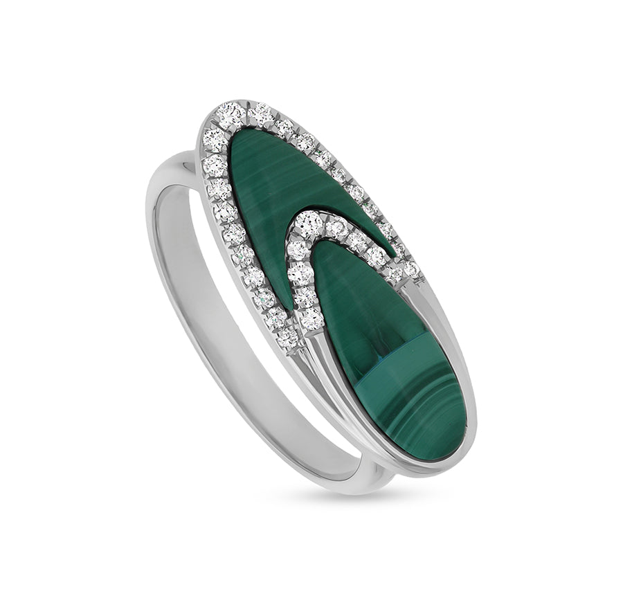 Oval Shape Green Malachite With Round Natural Diamond White Gold Casual Ring