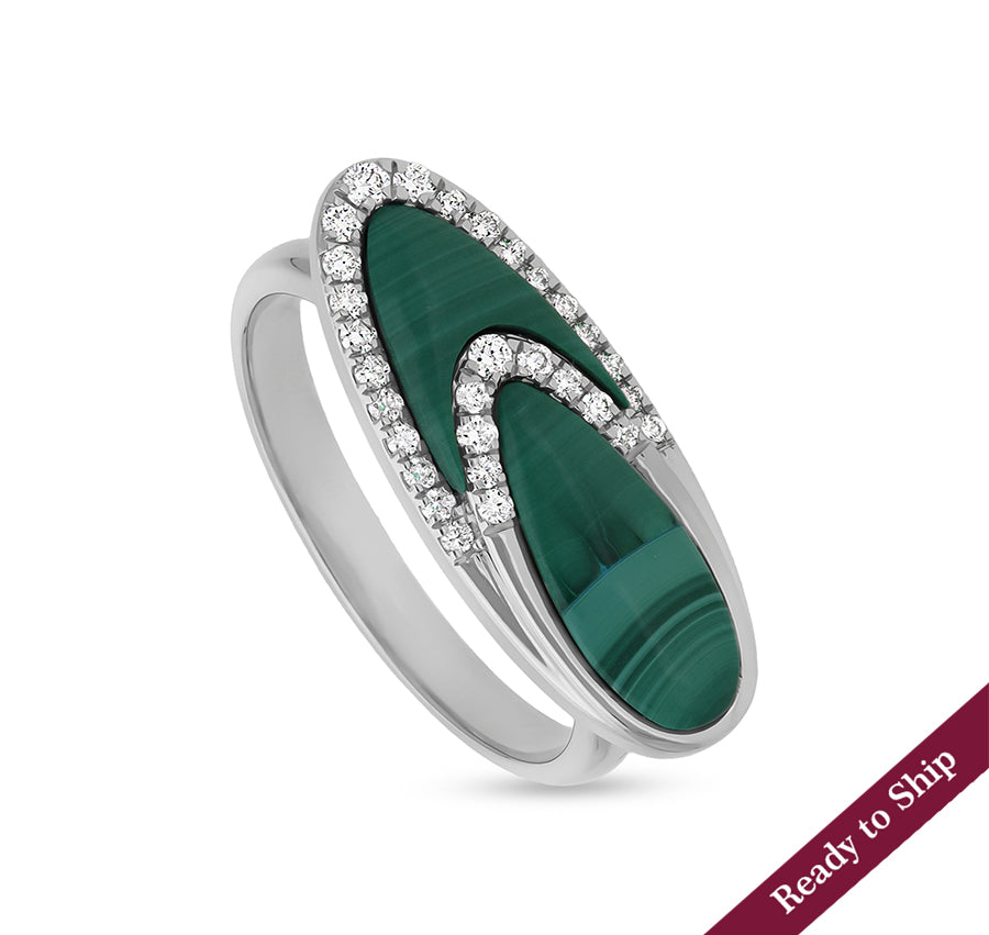 Oval Shape Green Malachite With Round Natural Diamond White Gold Casual Ring