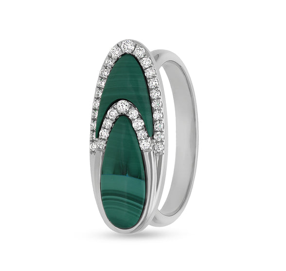 Oval Shape Green Malachite With Round Natural Diamond White Gold Casual Ring