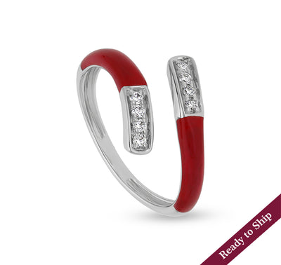 Red Enamel with Round Natural Diamond White Gold Casual Ring