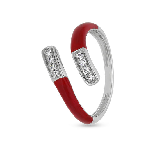 Red Enamel with Round Natural Diamond White Gold Casual Ring