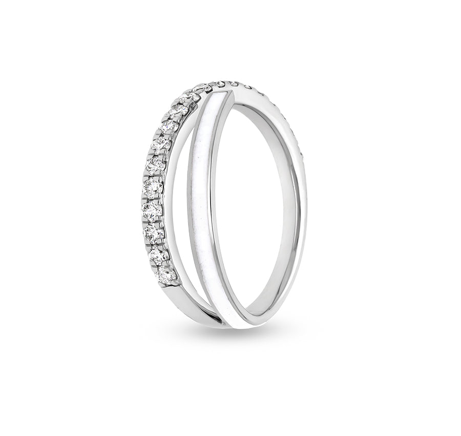 White Enamel With Round Natural Diamond Prong Set White Gold Casual Ring