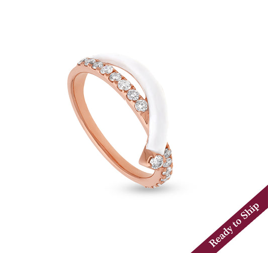 White Enamel With Round Natural Diamond Rose Gold Casual Ring
