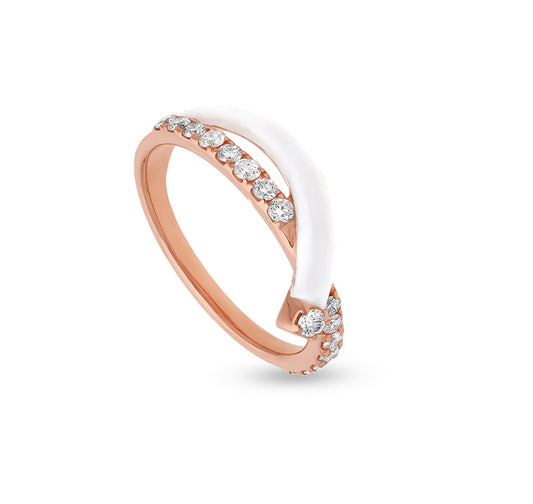 White Enamel With Round Natural Diamond Rose Gold Casual Ring