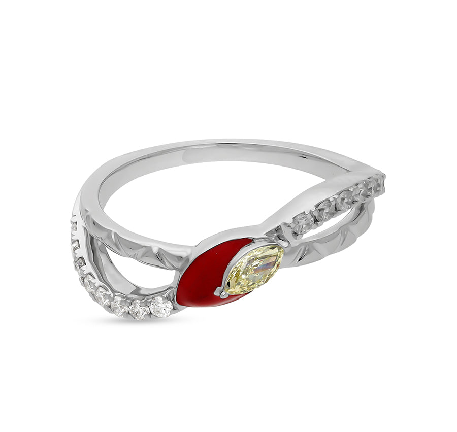 Red Enamel With Yellow Marquise Diamond White Gold Casual Ring