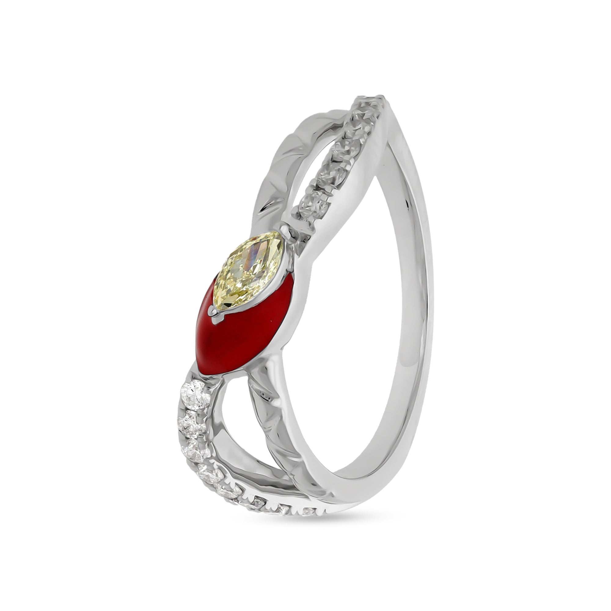 Red Enamel With Yellow Marquise Diamond White Gold Casual Ring