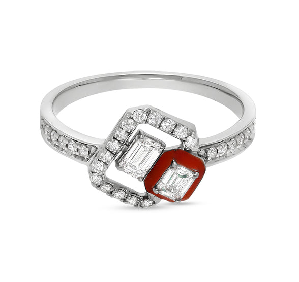 Red Enamel With Emerald Shape and Round Cut Diamond White Gold Casual Ring