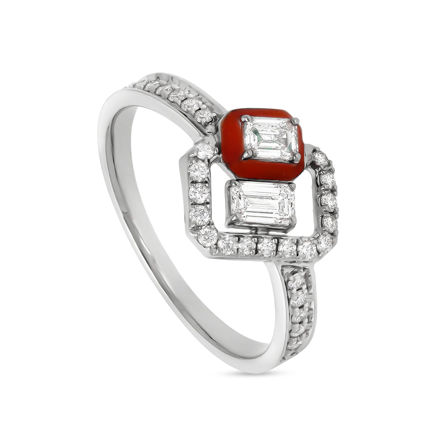 Red Enamel With Emerald Shape and Round Cut Diamond White Gold Casual Ring