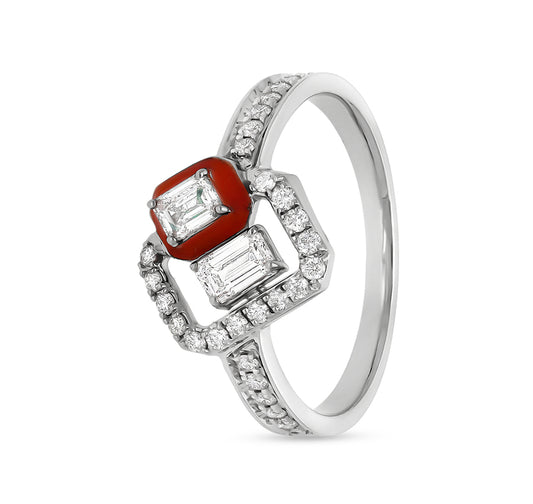 Red Enamel With Emerald Shape and Round Cut Diamond White Gold Casual Ring