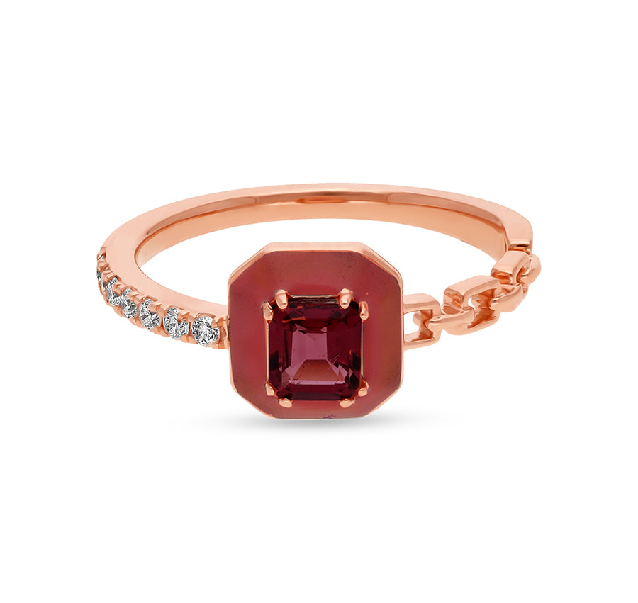 Cherry Enamel With Pink Tourmaline Gem Stone Half Chain Rose Gold Casual Ring