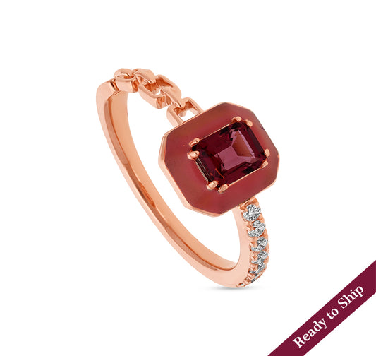 Cherry Enamel With Pink Tourmaline Gem Stone Half Chain Rose Gold Casual Ring