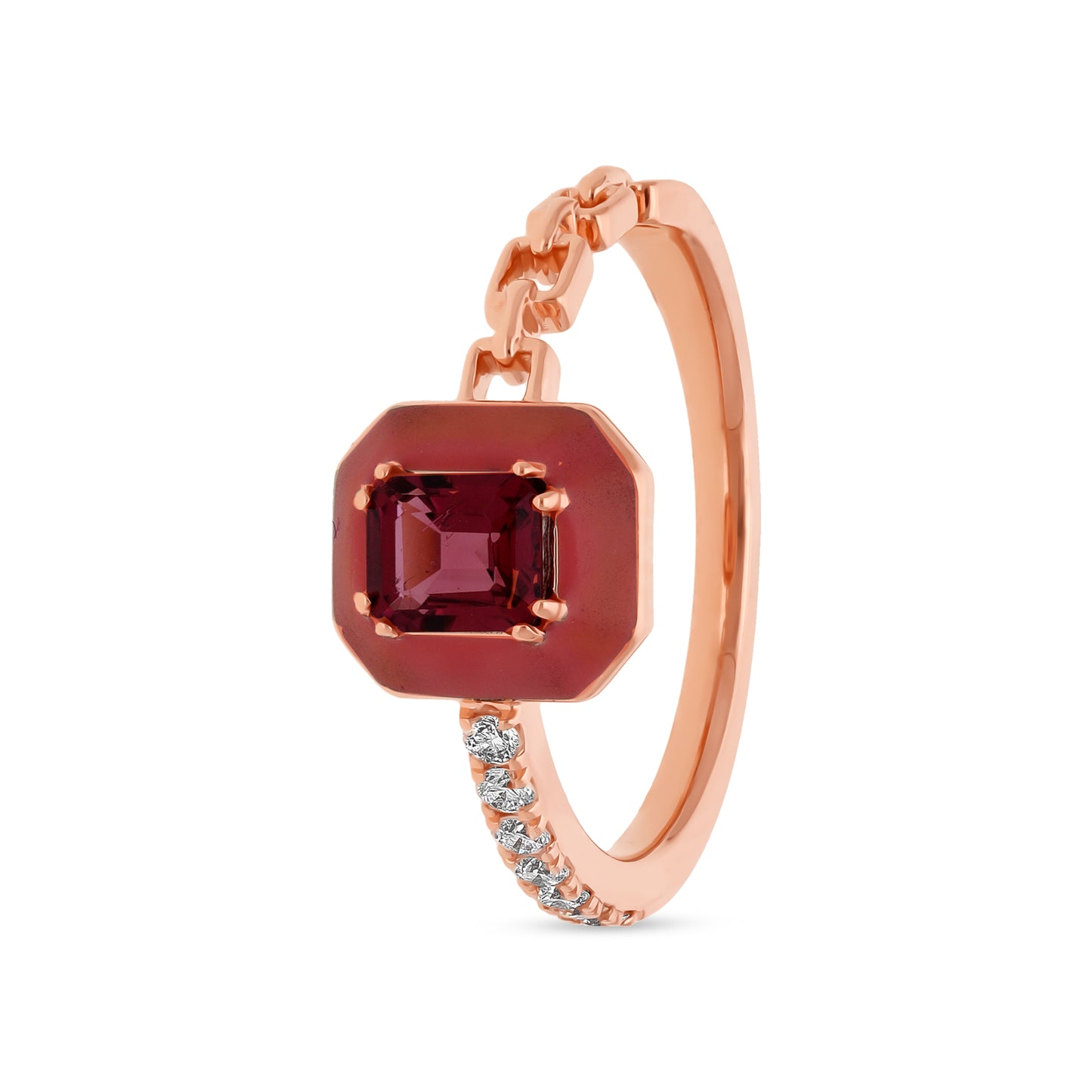 Cherry Enamel With Pink Tourmaline Gem Stone Half Chain Rose Gold Casual Ring