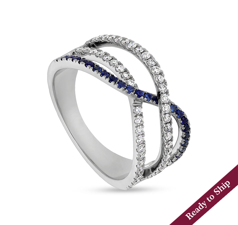 Crisscross Shape With Blue and White Round Diamond  White Gold Casual Ring