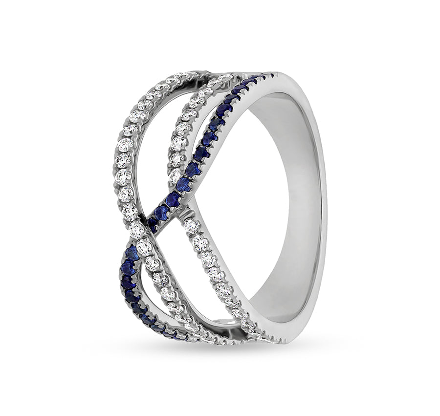 Crisscross Shape With Blue and White Round Diamond  White Gold Casual Ring