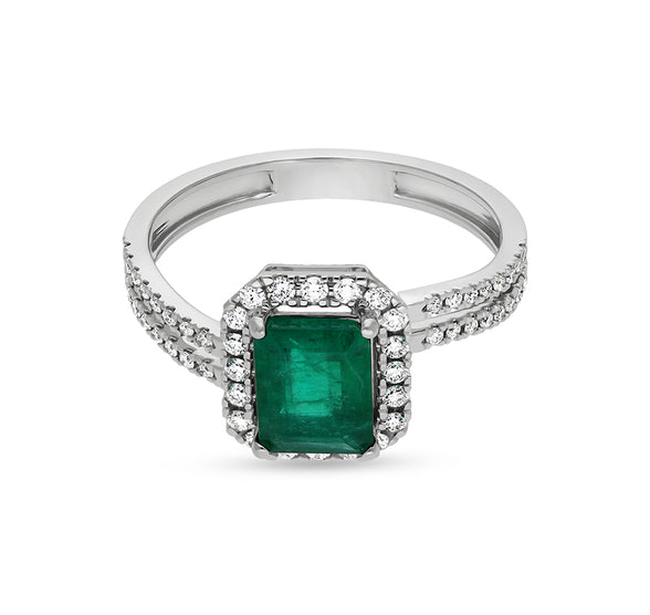 Green Emerald Shape With Round Diamond White Gold Engagement Ring