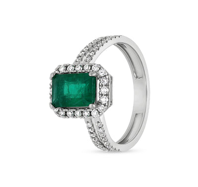 Green Emerald Shape With Round Diamond White Gold Engagement Ring