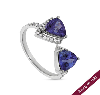 Triangle Shape With Blue Tanzanite and Round Natural Diamond White Gold Halo Ring