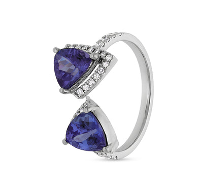 Triangle Shape With Blue Tanzanite and Round Natural Diamond White Gold Halo Ring