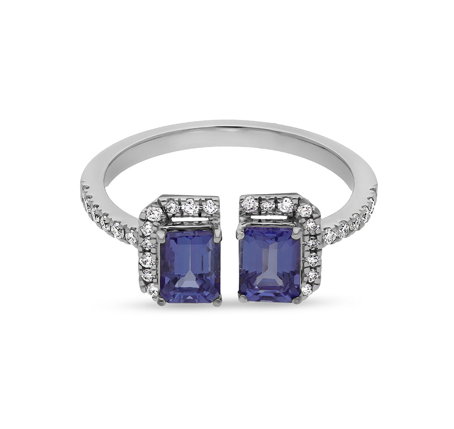 Blue Emerald Tanzanite With Round Natural Diamond White Gold Women Ring