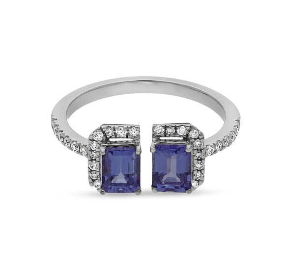 Blue Emerald Tanzanite With Round Natural Diamond White Gold Women Ring