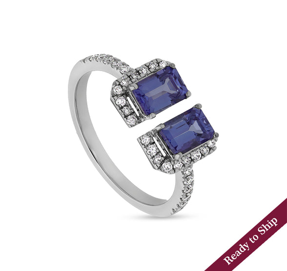 Blue Emerald Tanzanite With Round Natural Diamond White Gold Women Ring