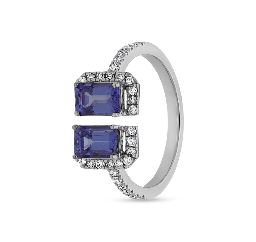 Blue Emerald Tanzanite With Round Natural Diamond White Gold Women Ring