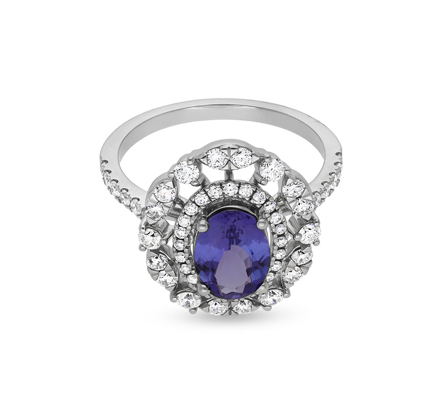 Blue oval Tanzanite With Round Natural Diamond White Gold Halo Ring